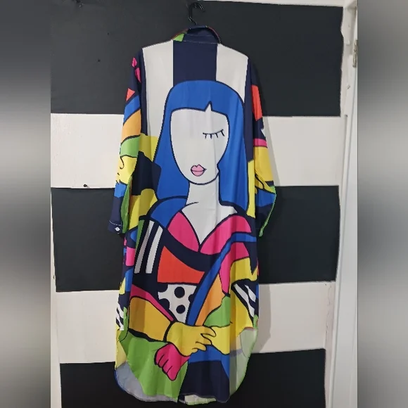 Women faces collage printed multicolor buttoned maxi dress - Picture 8 of 13